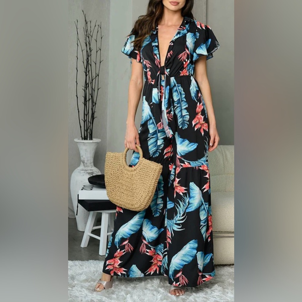 Ambition Black Tropical Print Jumpsuit
